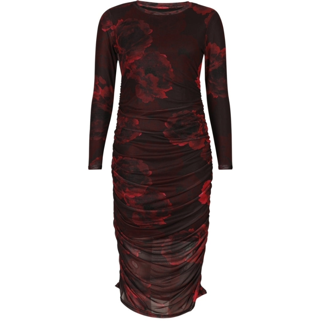 LIBERTÃ DAME KJOLE MESH LS LONG DRESS - Black bordeaux flower
